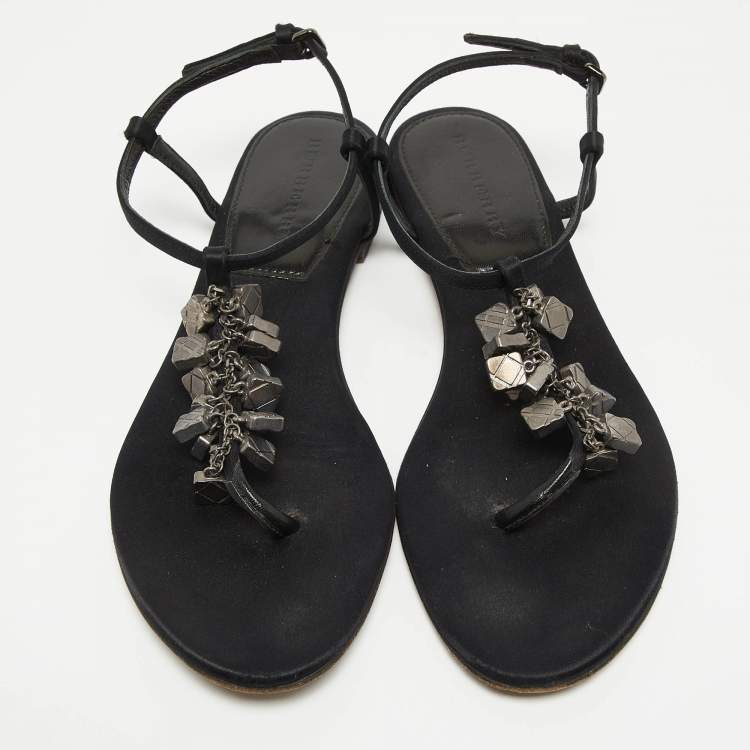 Pre Owned Burberry Black Satin Embellished Thong Flat Sandals Size 39