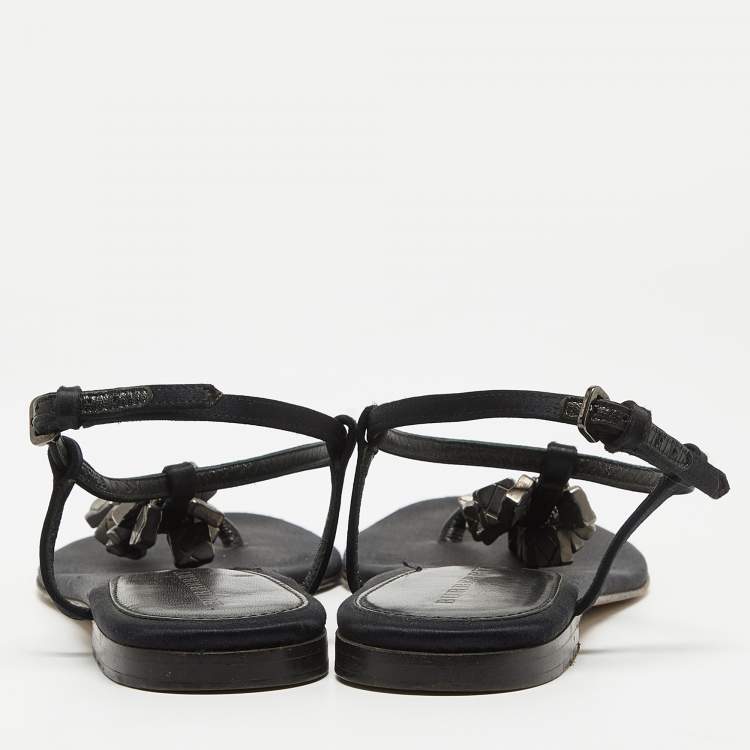 Pre Owned Burberry Black Satin Embellished Thong Flat Sandals Size 39