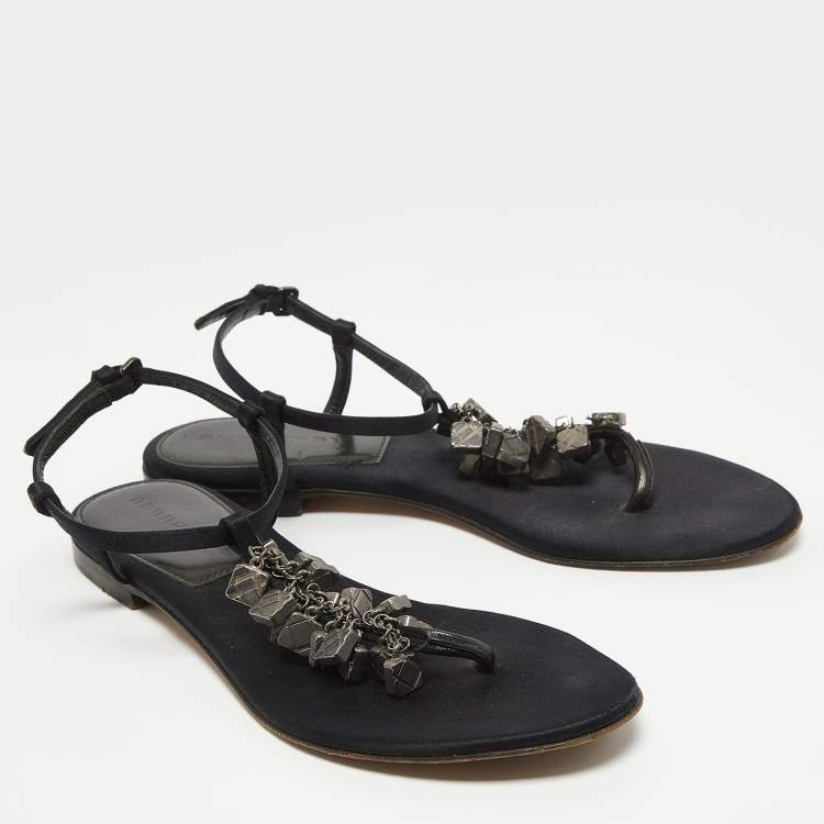 Pre Owned Burberry Black Satin Embellished Thong Flat Sandals Size 39