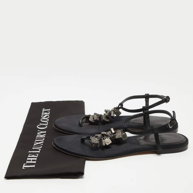 Pre Owned Burberry Black Satin Embellished Thong Flat Sandals Size 39