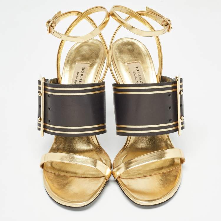 Pre Owned Burberry Black/Gold Leather Buckle Detail Ankle Strap Sandals Size 39