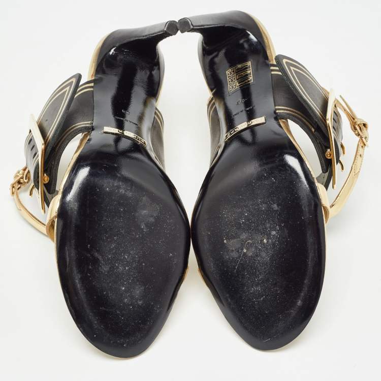 Pre Owned Burberry Black/Gold Leather Buckle Detail Ankle Strap Sandals Size 39
