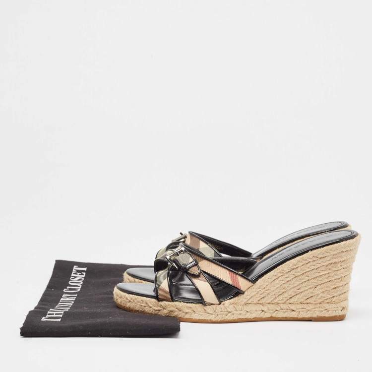 Pre Owned Burberry Beige/Black House Check Canvas and Patent Wedge Sandals Size 40