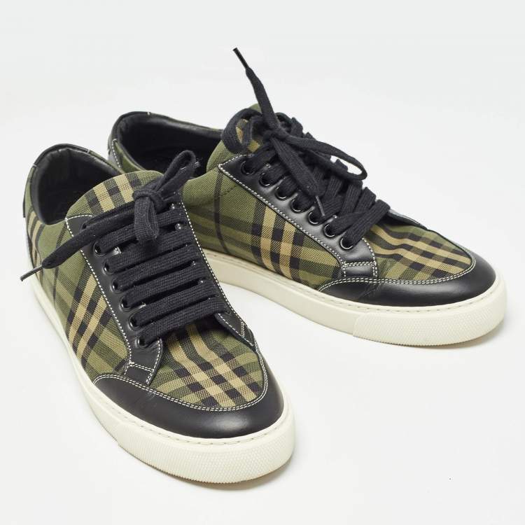 Pre Owned Burberry Green/Black Check Canvas and Leather Low Top Sneakers Size 40