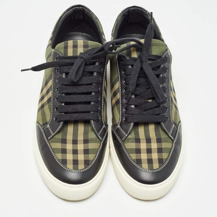 Pre Owned Burberry Green/Black Check Canvas and Leather Low Top Sneakers Size 40