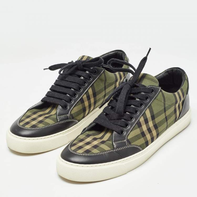 Pre Owned Burberry Green/Black Check Canvas and Leather Low Top Sneakers Size 40