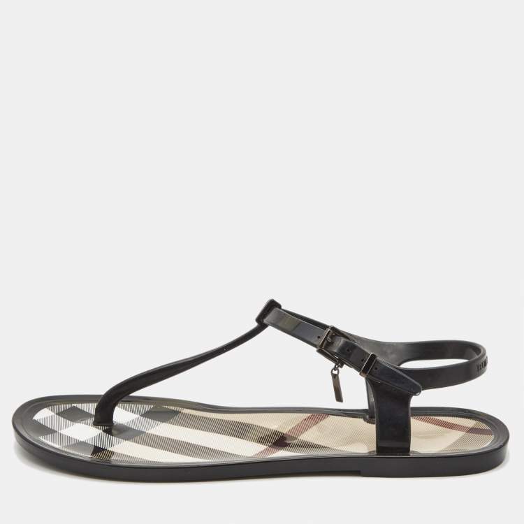 Pre Owned Burberry Black/Beige House Check Jelly Thong Flats Size 39