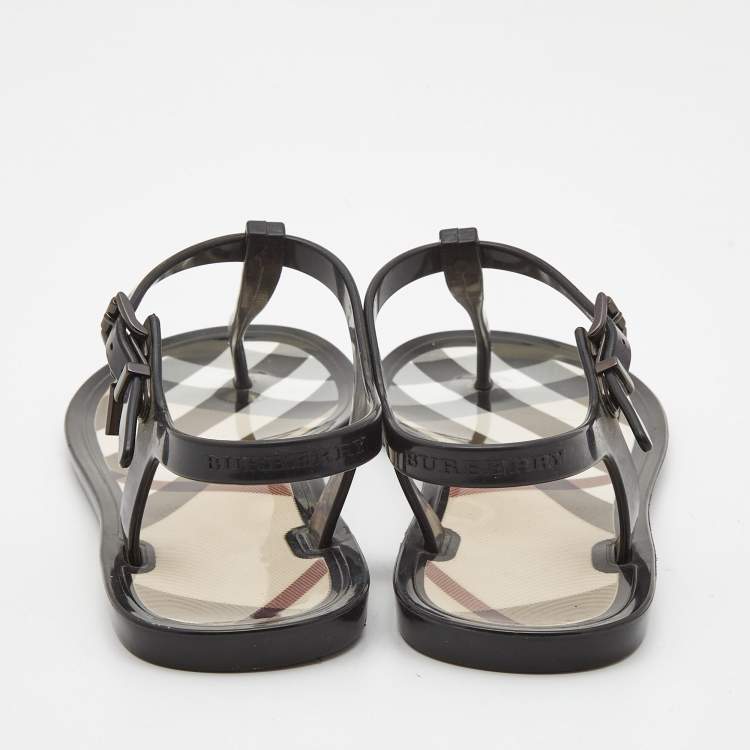 Pre Owned Burberry Black/Beige House Check Jelly Thong Flats Size 39