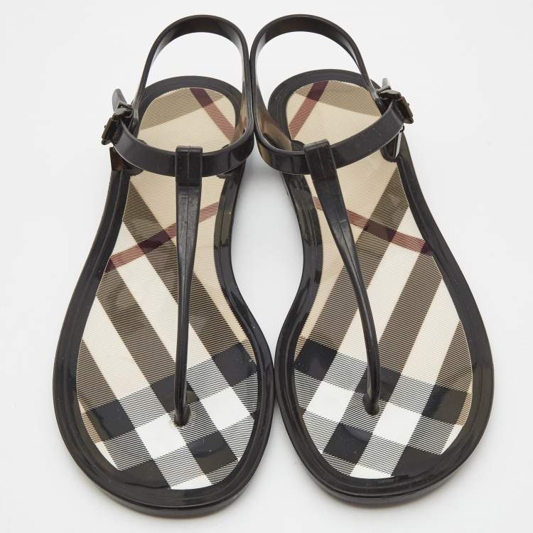 Pre Owned Burberry Black/Beige House Check Jelly Thong Flats Size 39