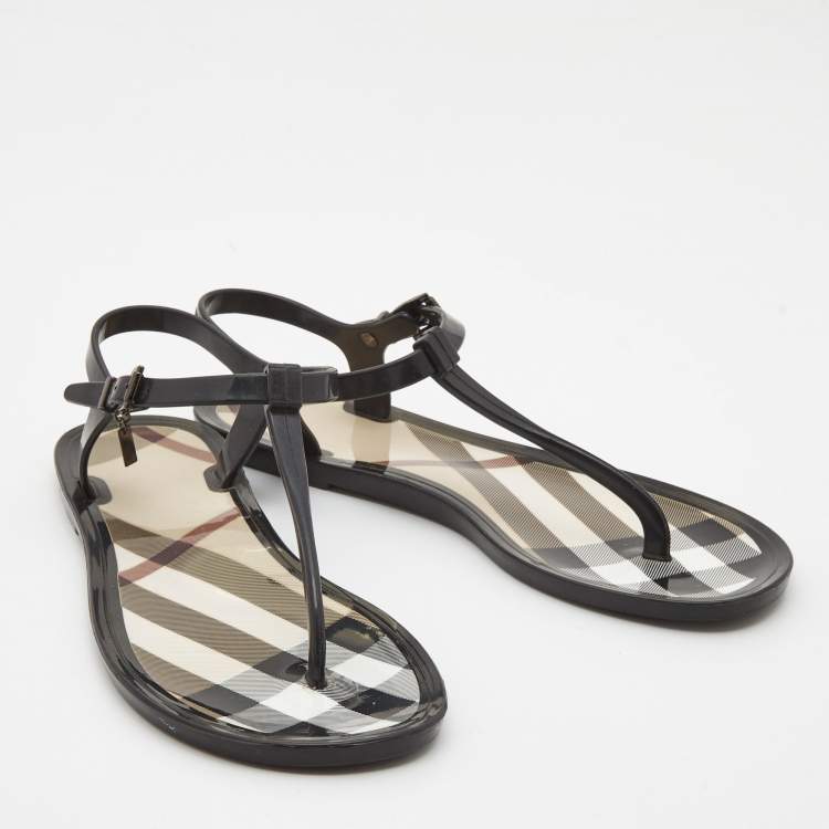 Pre Owned Burberry Black/Beige House Check Jelly Thong Flats Size 39