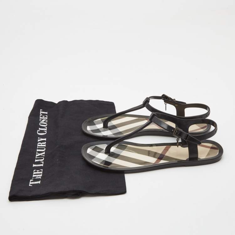 Pre Owned Burberry Black/Beige House Check Jelly Thong Flats Size 39