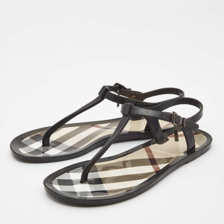 Pre Owned Burberry Black/Beige House Check Jelly Thong Flats Size 39