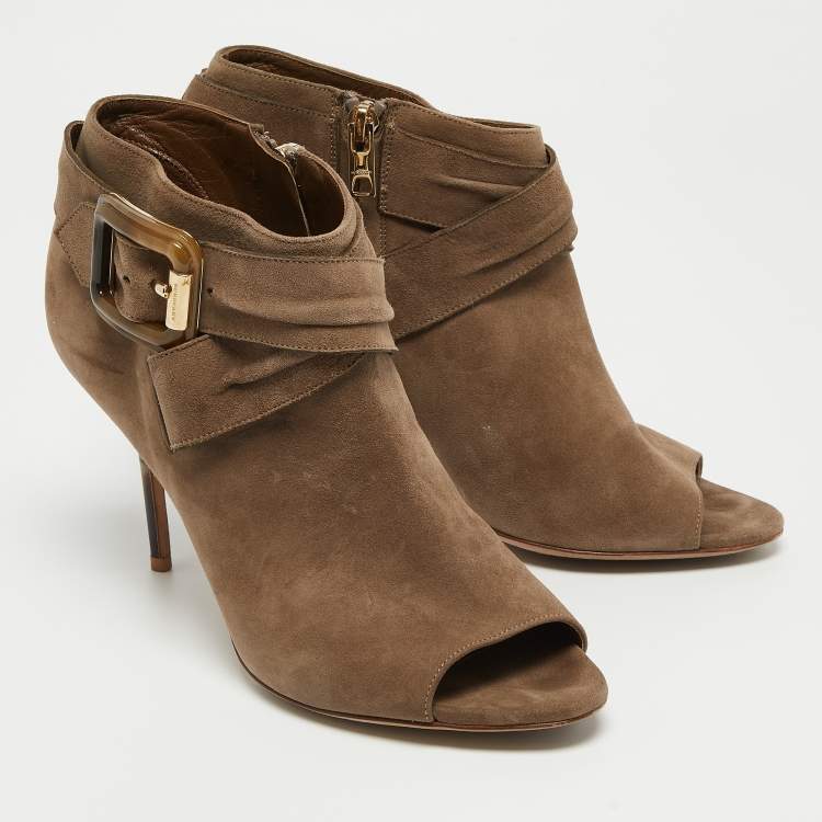 Pre Owned Burberry Beige Suede Peep Toe Zip Up Booties Size 38.5