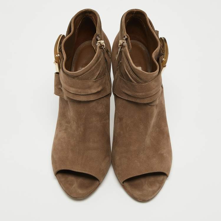 Pre Owned Burberry Beige Suede Peep Toe Zip Up Booties Size 38.5