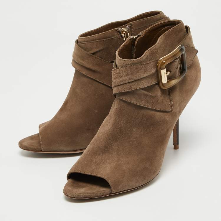 Pre Owned Burberry Beige Suede Peep Toe Zip Up Booties Size 38.5