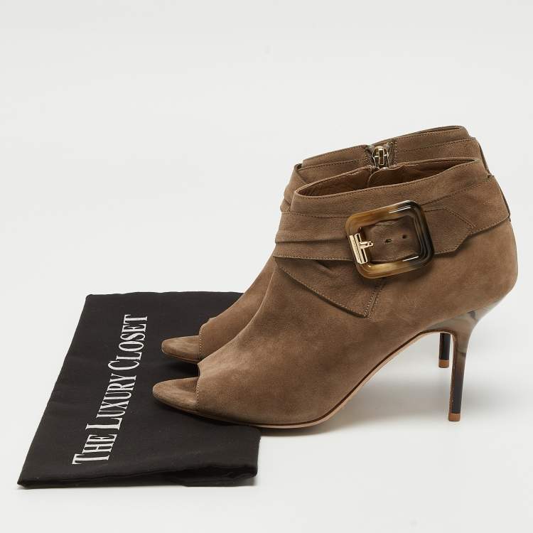 Pre Owned Burberry Beige Suede Peep Toe Zip Up Booties Size 38.5