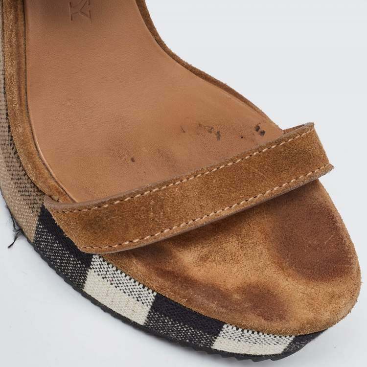 Pre Owned Burberry Brown Nova Check Canvas and Suede Warlow Platform Wedge Sandals Size 38