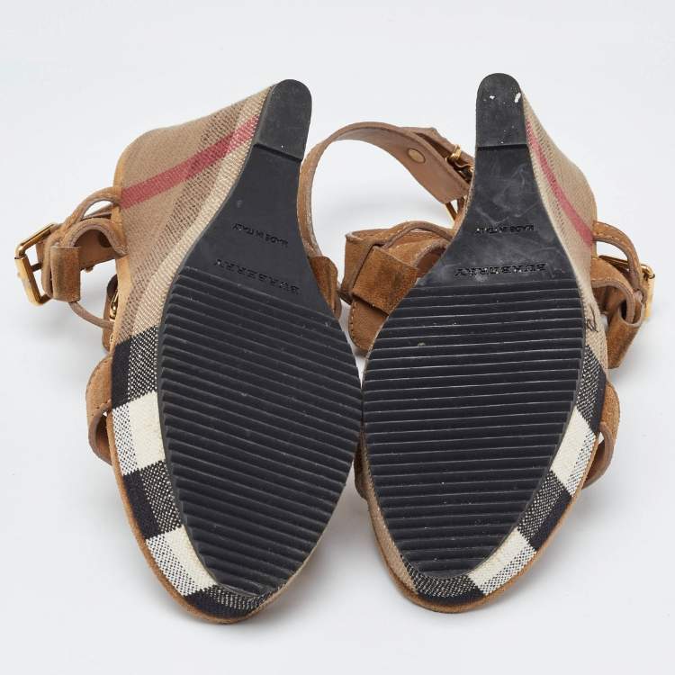 Pre Owned Burberry Brown Nova Check Canvas and Suede Warlow Platform Wedge Sandals Size 38