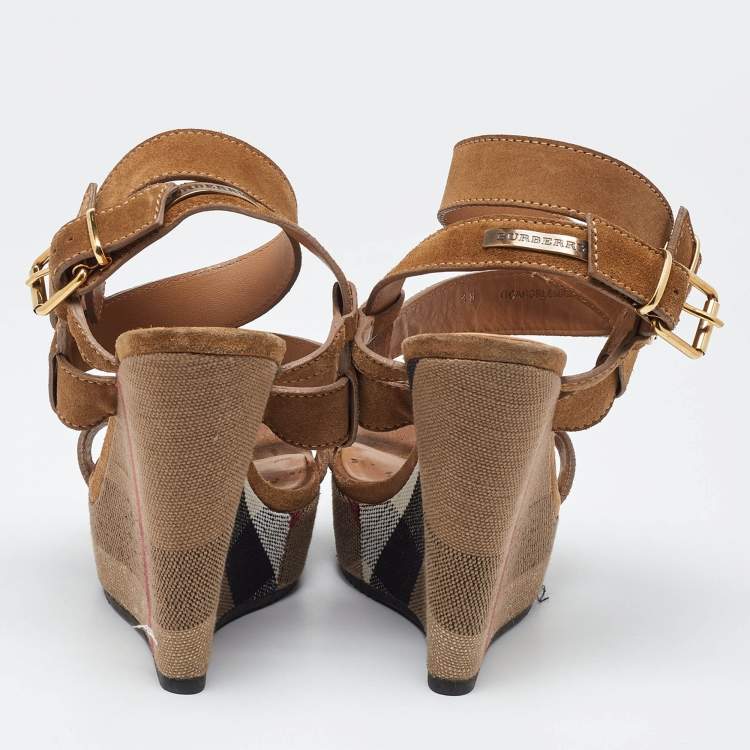 Pre Owned Burberry Brown Nova Check Canvas and Suede Warlow Platform Wedge Sandals Size 38