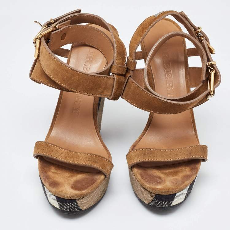 Pre Owned Burberry Brown Nova Check Canvas and Suede Warlow Platform Wedge Sandals Size 38