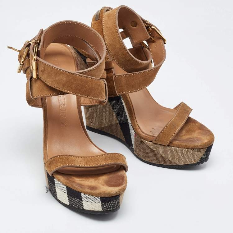 Pre Owned Burberry Brown Nova Check Canvas and Suede Warlow Platform Wedge Sandals Size 38