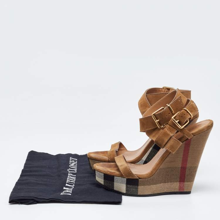 Pre Owned Burberry Brown Nova Check Canvas and Suede Warlow Platform Wedge Sandals Size 38