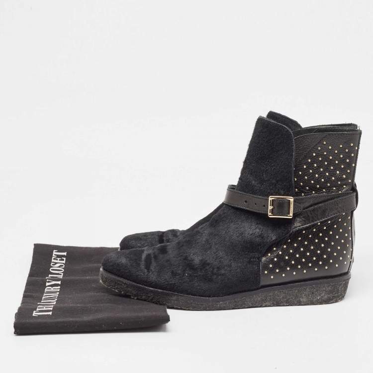 Pre Owned Burberry Black Leather and Calfhair Studded Ankle Boots Size 38