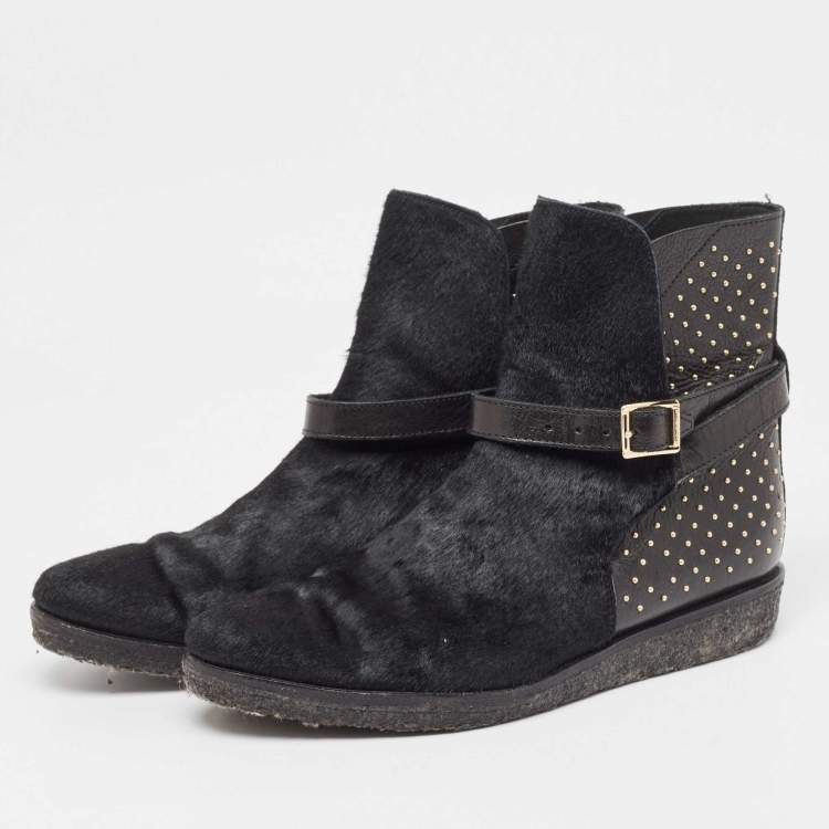 Pre Owned Burberry Black Leather and Calfhair Studded Ankle Boots Size 38