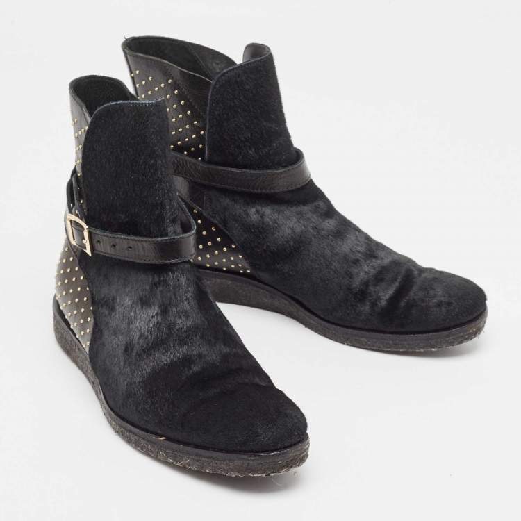 Pre Owned Burberry Black Leather and Calfhair Studded Ankle Boots Size 38