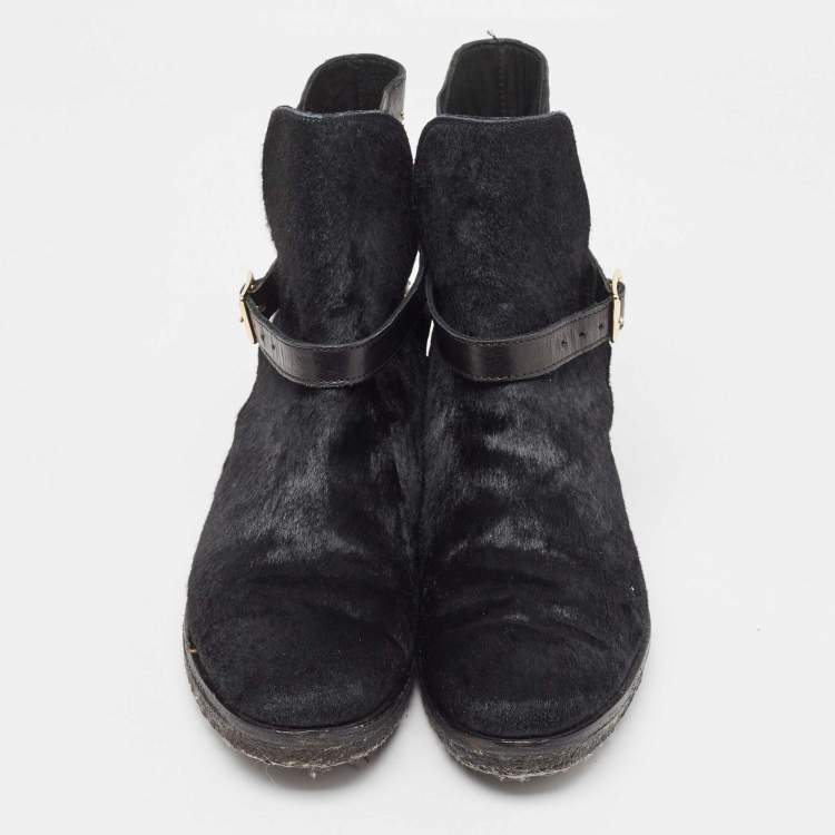Pre Owned Burberry Black Leather and Calfhair Studded Ankle Boots Size 38