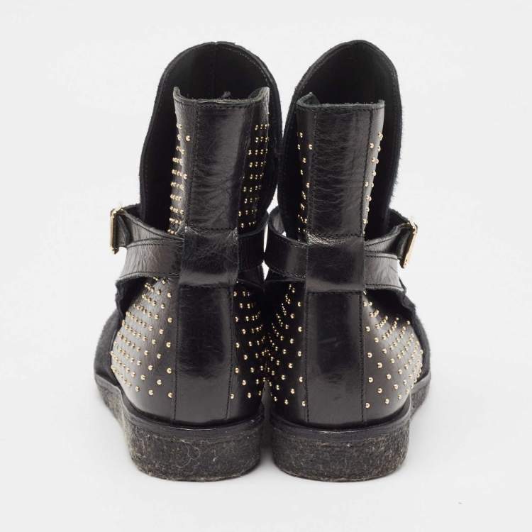 Pre Owned Burberry Black Leather and Calfhair Studded Ankle Boots Size 38