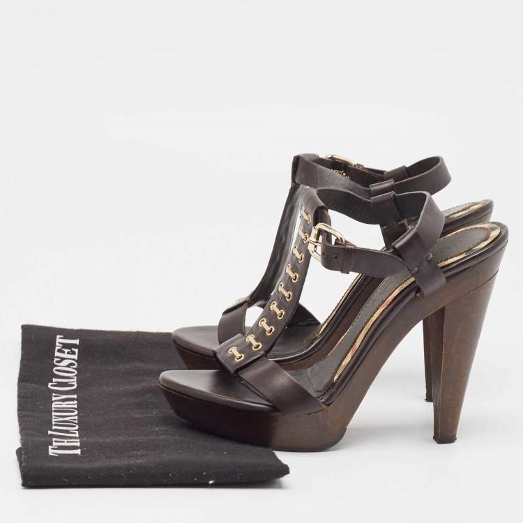 Pre Owned Burberry Brown Leather T-Bar Platform Ankle Strap Sandals Size 37.5