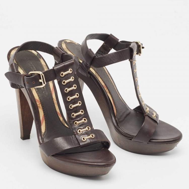 Pre Owned Burberry Brown Leather T-Bar Platform Ankle Strap Sandals Size 37.5