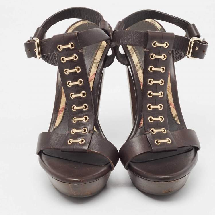 Pre Owned Burberry Brown Leather T-Bar Platform Ankle Strap Sandals Size 37.5
