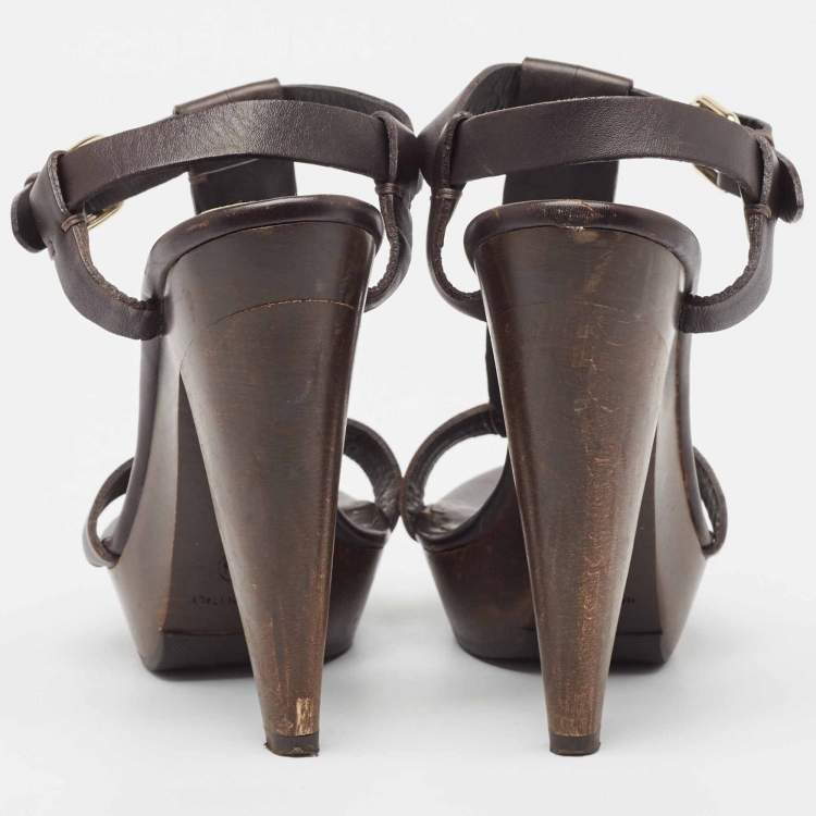 Pre Owned Burberry Brown Leather T-Bar Platform Ankle Strap Sandals Size 37.5