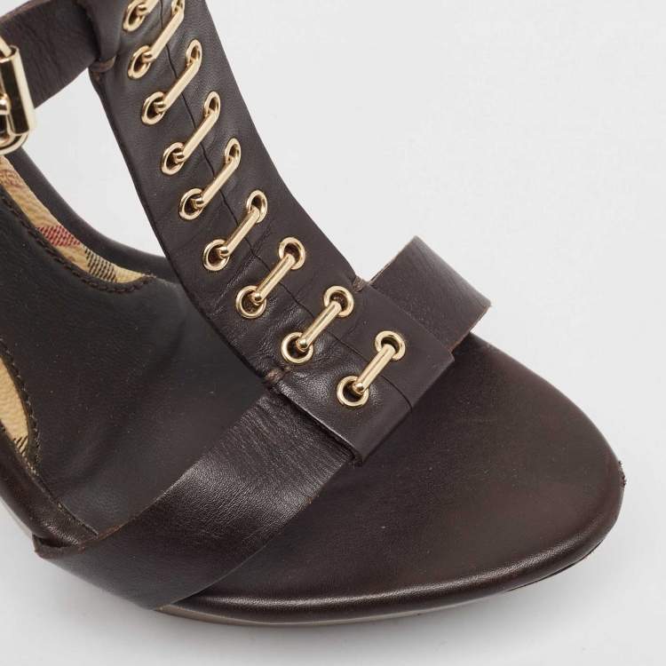 Pre Owned Burberry Brown Leather T-Bar Platform Ankle Strap Sandals Size 37.5