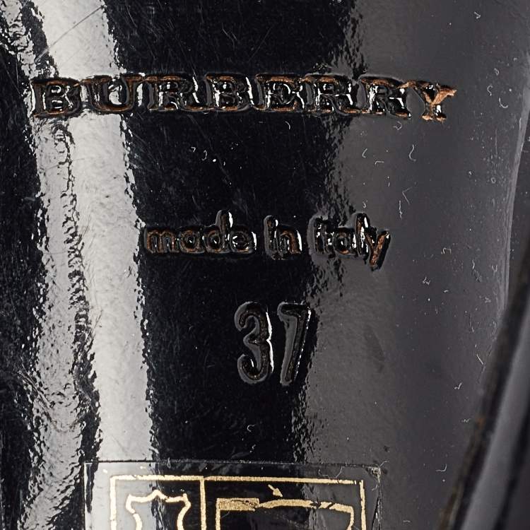 Pre Owned Burberry Black/Beige Patent Leather and Nova Check Canvas Peep Toe Pumps Size 37