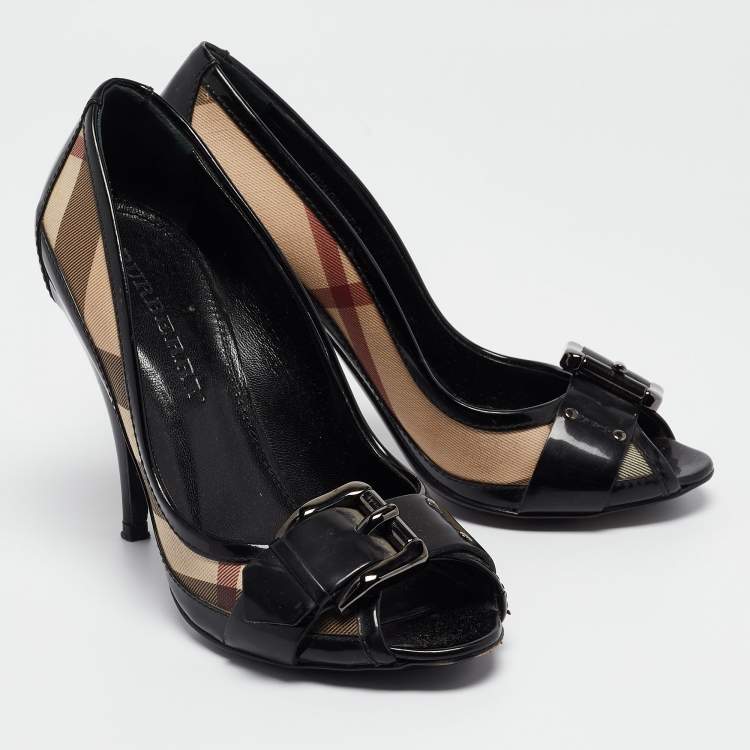 Pre Owned Burberry Black/Beige Patent Leather and Nova Check Canvas Peep Toe Pumps Size 37