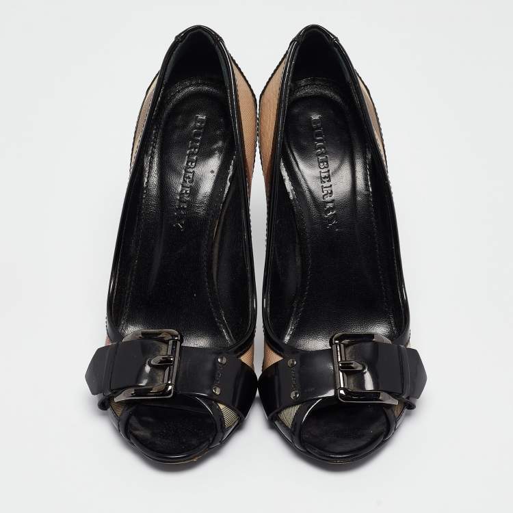 Pre Owned Burberry Black/Beige Patent Leather and Nova Check Canvas Peep Toe Pumps Size 37