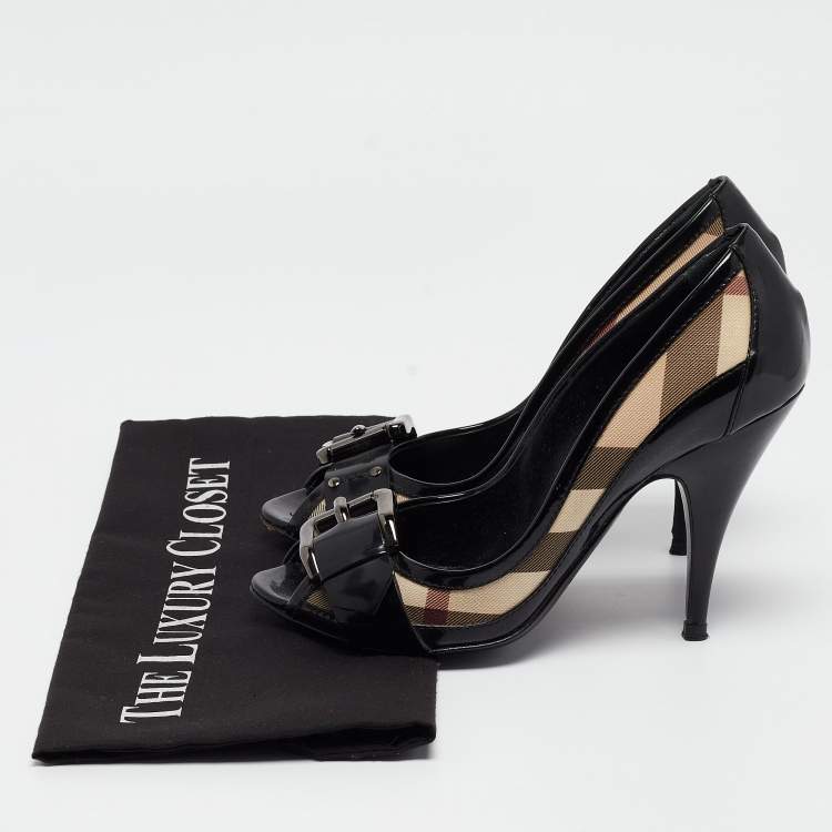 Pre Owned Burberry Black/Beige Patent Leather and Nova Check Canvas Peep Toe Pumps Size 37