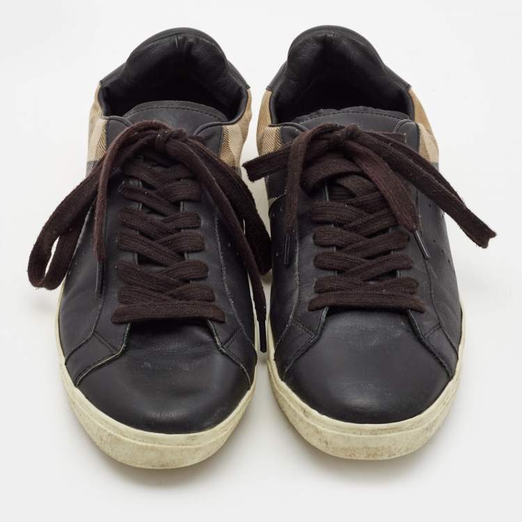 Pre Owned Burberry Black/Beige Canvas and Leather Lace Up Sneakers Size 41