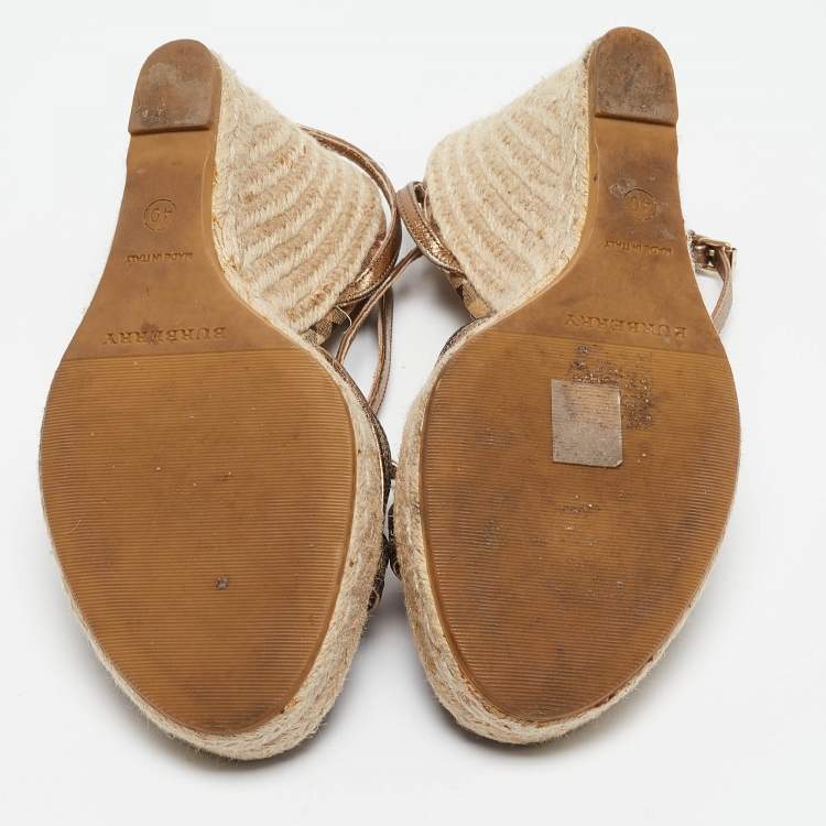 Pre Owned Burberry Gold Leather and Canvas Espadrilles Sandals Size 40 