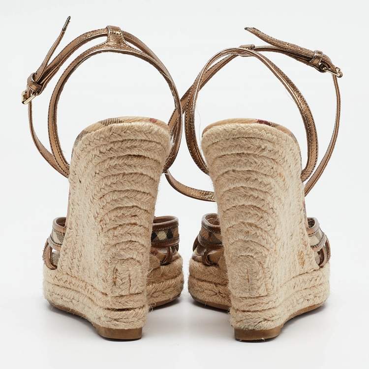 Pre Owned Burberry Gold Leather and Canvas Espadrilles Sandals Size 40 