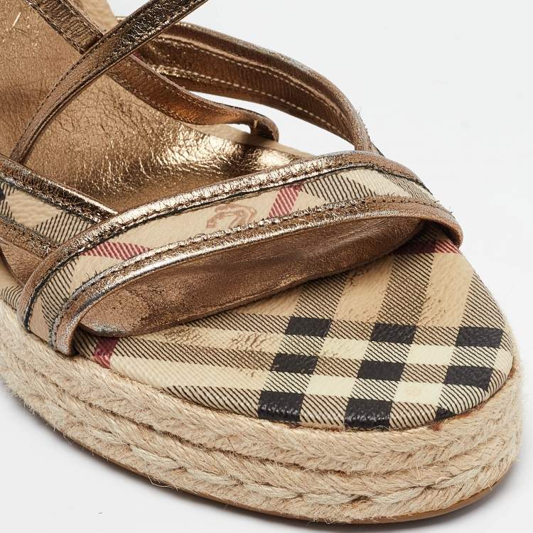 Pre Owned Burberry Gold Leather and Canvas Espadrilles Sandals Size 40 