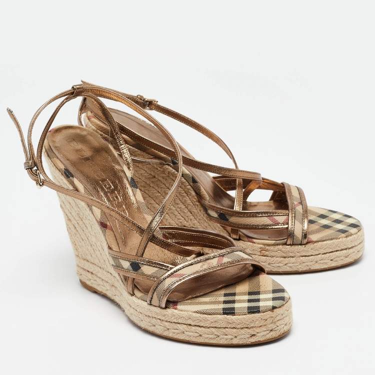 Pre Owned Burberry Gold Leather and Canvas Espadrilles Sandals Size 40 