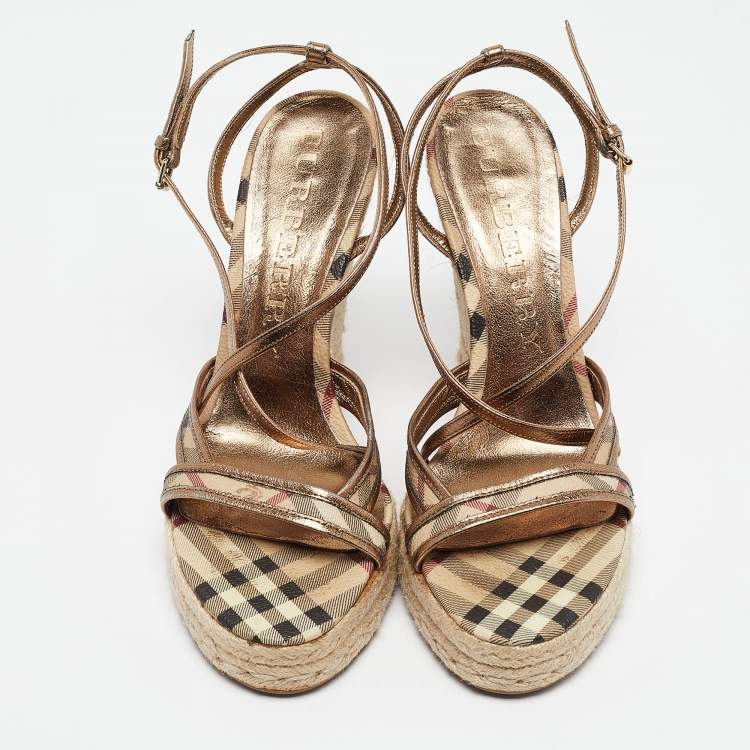 Pre Owned Burberry Gold Leather and Canvas Espadrilles Sandals Size 40 