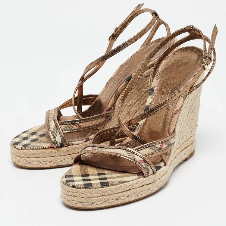 Pre Owned Burberry Gold Leather and Canvas Espadrilles Sandals Size 40 