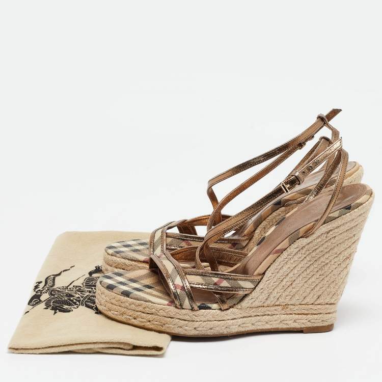 Pre Owned Burberry Gold Leather and Canvas Espadrilles Sandals Size 40 