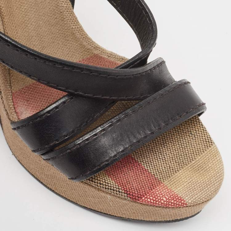 Pre Owned Burberry Beige/Black Canvas and Leather Nova Wedge Sandals Size 39