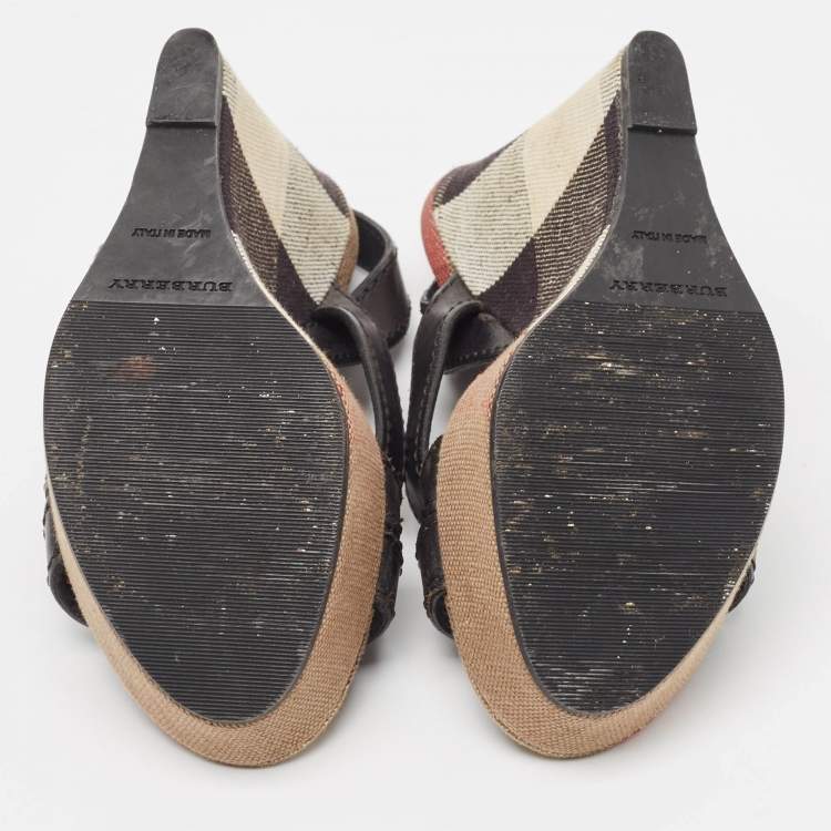 Pre Owned Burberry Beige/Black Canvas and Leather Nova Wedge Sandals Size 39